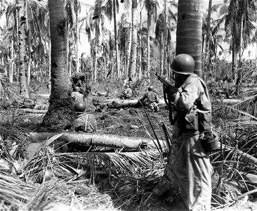 SC 195586-S - Members of F Troop, 7th Regt., 1st Cav. Div., are pinned down after getting 50 feet inland from White Beach, Leyte Island, P.I., while heading for San Jose. 21 October, 1944. photo
