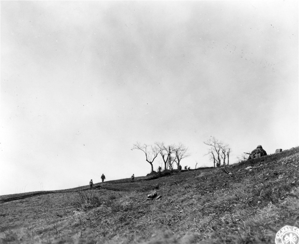 SC 270857 - Riflemen of "F" Co., 87th Mtn. Inf., 10th Mtn. Div., advance toward crest of hill in background by individual rushes while being covered by machine guns by house at left.