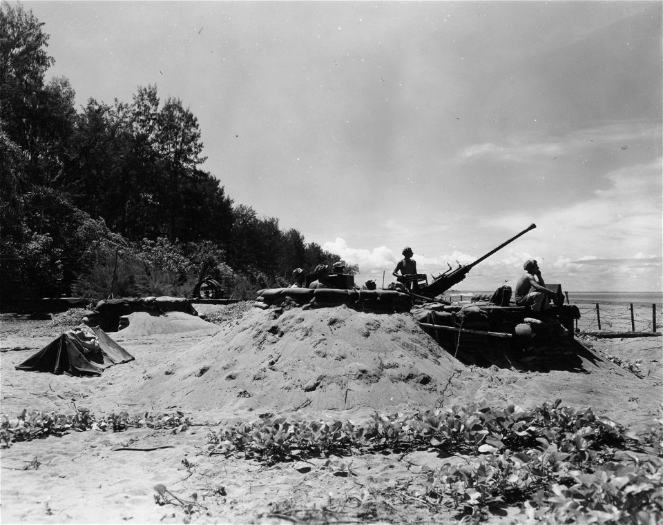 SC 364577 - 40mm gun position 199th AAA and AW Bn., Btry. C, Sec 4, located on the beach near the Torokina River, Bougainville.
