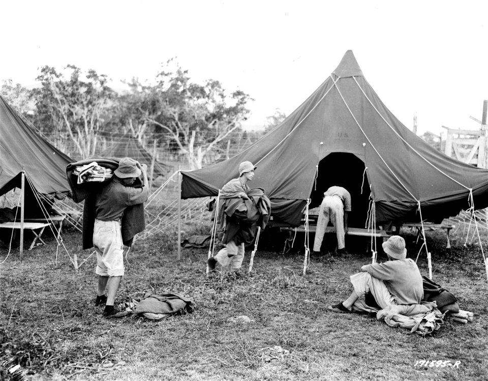 SC 171595-R - First Island Command, New Caledonia. Japanese prisoners moving their bedding into tents at their new camp just completed. 7 January, 1943.