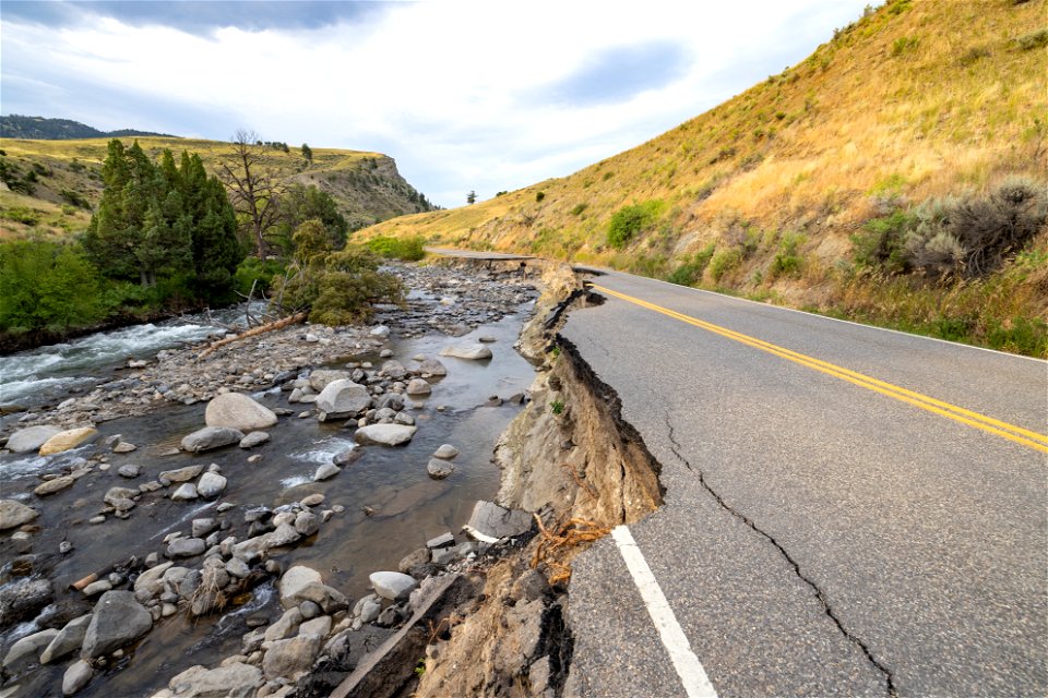 Yellowstone flood event 2022: Road washout near Rescue Treek Trailhead August 2, 2022