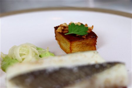 Daniel Boulud Slow Baked Sea Bass, Leek Royale, Sirah Reduction with Thomas Keller Potato Pave photo
