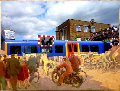 Poole Town Railway Crossing. Using the 1953 Painting by Artist Henry Lamb. The view has remained recognisable. The pedestrian bridge.