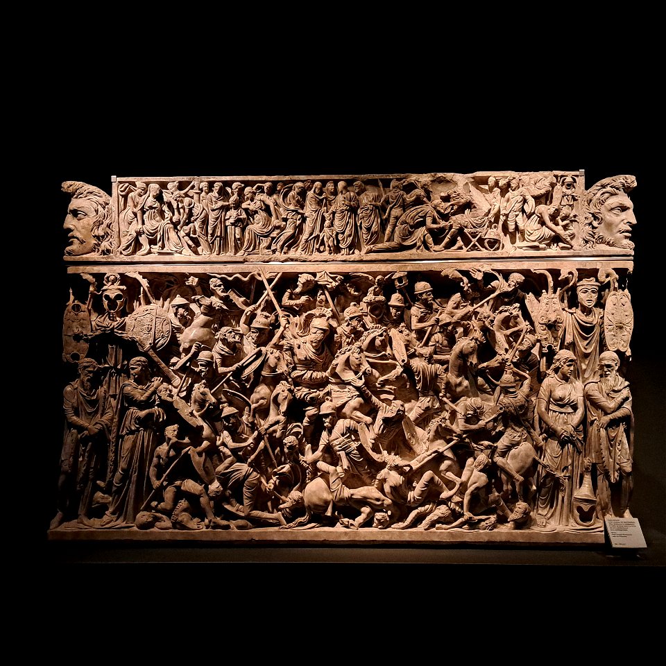 Portanaccio Sarcophagus with heads of Barbaians and a lot of detail Palazzo Massimo Rome Italy