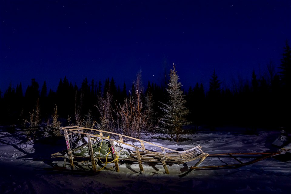 Basket sled on a winter night