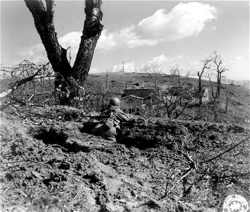 SC 270846 - Pfc. Howard Camp, Co. "K", 87th Mtn. Inf., 10th Mtn. Div., covers a house which has 4 Germans in it, with his B.A.R., from a position about 150-200 feet away.