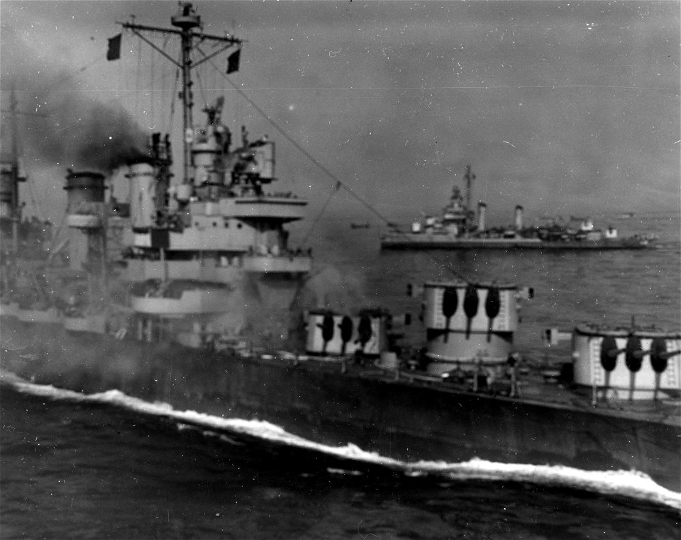 SC 364342 - Close up of U.S.S. Cruiser Savannah deck burning after being hit by a German plane.