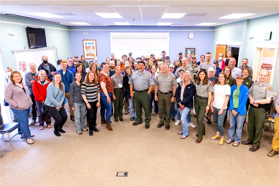 Yellowstone flood event 2022: NPS Director Chuck Sams at Gardiner, Montana employee meeting