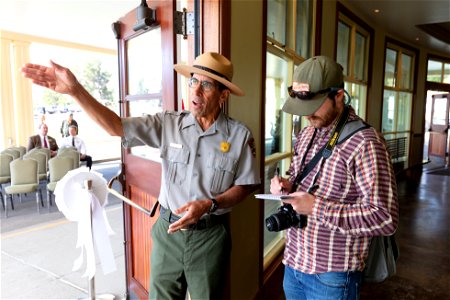 Mammoth Hot Springs Hotel reopening ceremony: Peter Galindo explains some of the new hotel designs photo