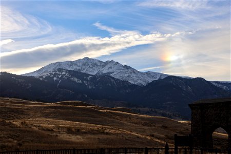 Sun dog over Electric Peak and the Roosevelt Arch photo