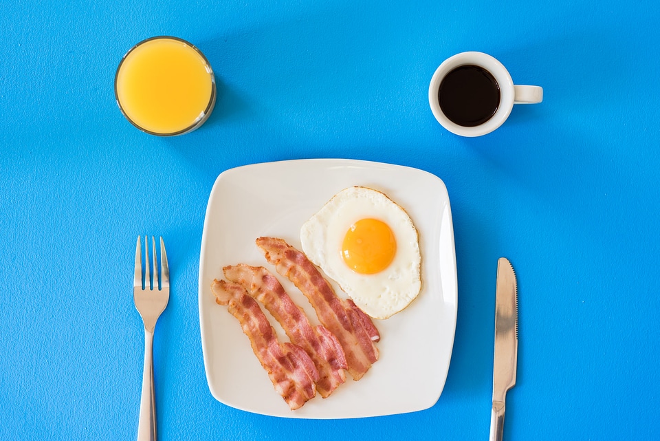 Coffee, Orange Juice, Bacon, Eggs Breakfast photo