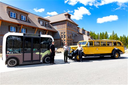 Transportation in Yellowstone, old and new: Beep and Xanterra Drivers with NPS employee photo