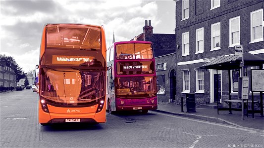 West Malling Magical Mystery Tour. The Beatles started their Mystery Tour from here. Today it was a choice of a 77 or a 72 to Maidstone. A psychedelic style photo. Messing with the bus colours.