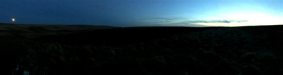 Moonrise,  Sunset, Evil Combe, Dartmoor National Park, Devon, UK. 16th April 2022 (Apple Ipod Panoramic Photo)
