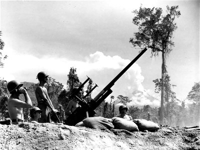 SC 364605 - A 40mm gun of the 251st CA (AA), 14th Corps, on Bougainville. In background can be seen Mt Bagana, 6560 feet, an active volcano.