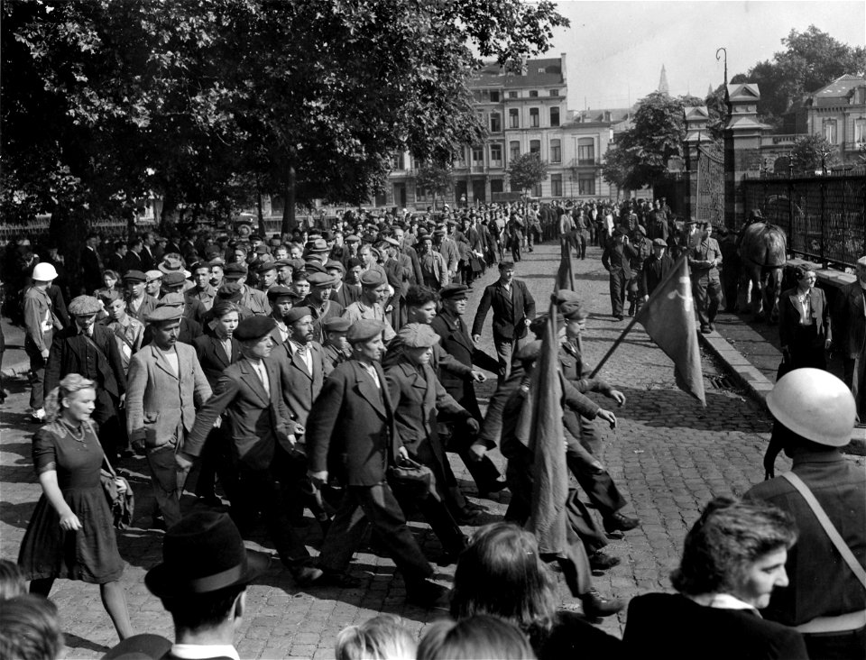 SC 405049 - 1500 Russian displaced nationals were taken from the D.P. center, Caserne De Cavalerie in Charleroi, Belgium, and sent by train to Russian territory in Germany. 12 August, 1945.