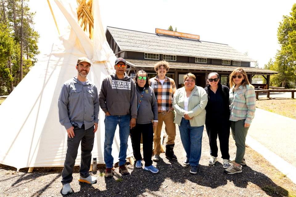 Yellowstone Tribal Heritage Center opening day 2023: YF Matt Ludin, artists Mike Redman and Iva Moss-Redman, NPCA fellow Grey Johnson, Yellowstone Tribal Heritage Center coordinator Alyssa McGeeley, YF Wendie Carr and Kim Yablonski