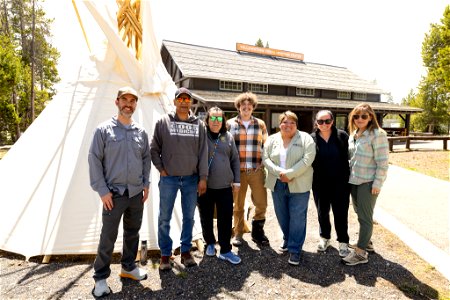 Yellowstone Tribal Heritage Center opening day 2023: YF Matt Ludin, artists Mike Redman and Iva Moss-Redman, NPCA fellow Grey Johnson, Yellowstone Tribal Heritage Center coordinator Alyssa McGeeley, YF Wendie Carr and Kim Yablonski