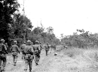 SC 270890 - A patrol from the AT Co., 34th Inf., 24th Div., moves out to rescue some Filipinos near Digos, Mindanao, P.I., lead by some of the Filipinos who managed to escape.