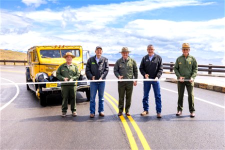 Tower-Roosevelt to Chittenden Road ribbon-cutting: Dan Rhodes, Steve Daines, Cam Sholly, Matt Rosendale, Duane Bubac photo