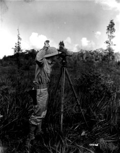 SC 151532 - Preliminary reconnoitring having been done, Lt. Gilbert handles the transit on surveying for the pole line construction. Hawaii.