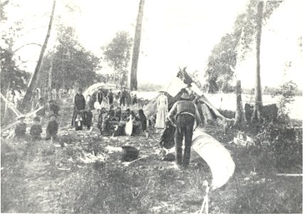 Native American families building birch bark canoes, 1900 photo
