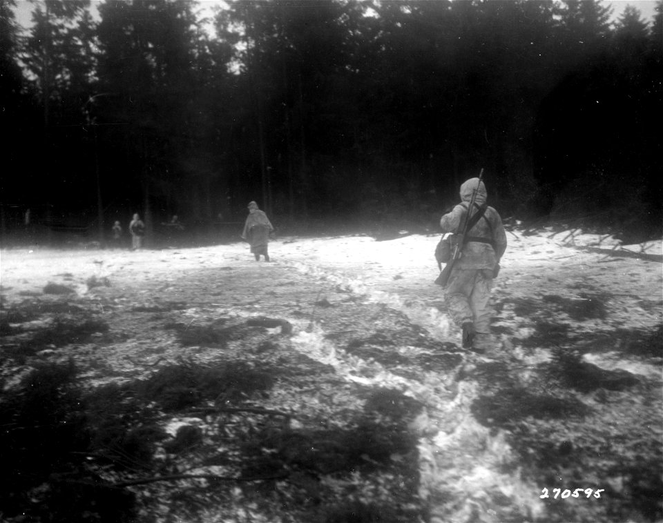SC 270595 - Members of Co. I, 23rd Regiment, 2nd Infantry Division, U.S. First Army, cross a clearing in the Monschau Forest, on the Belgian-German border. 1 February, 1945.
