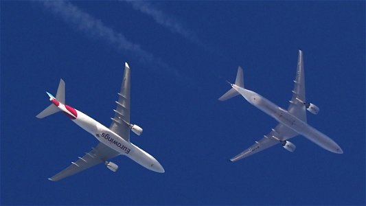 Two larger Airbus airliners: