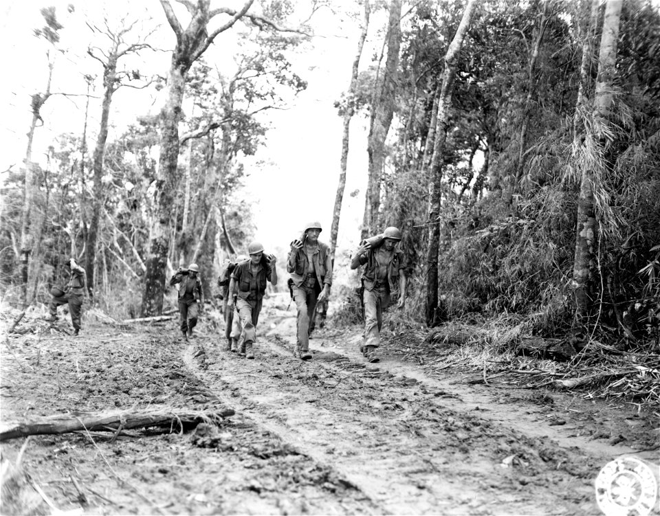 SC 270893 - The M7 tanks of the 25th Inf. Cannon Co., 25th Div., 400 yards from the front at Balete Pass use 200 rounds of ammo a day and due to the terrain it takes 200 men to carry the shells up the hill.