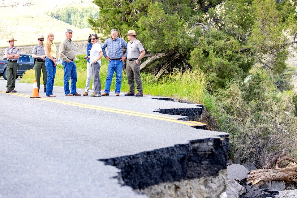 Yellowstone flood event 2022: Superintendent Cam Sholly gives a tour of the road damage near Rescue Creek Trailhead to Secretary Haaland, Assistant Secretary Estenoz, Montana Senator Daines, and Montana Governor Gianforte (2)