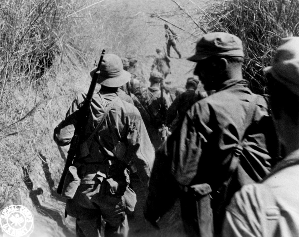 SC 396864 - Rangers of the 6th Ranger Bn. head toward the Cabanatuan prison camp on Luzon, P.I., in a daring move to liberate over five hundred prisoners of war. January, 1945.