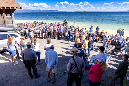 Superintendent Cam Sholly speaks at an event to celebrate Harlan Kredit and his 50th summer in Yellowstone
