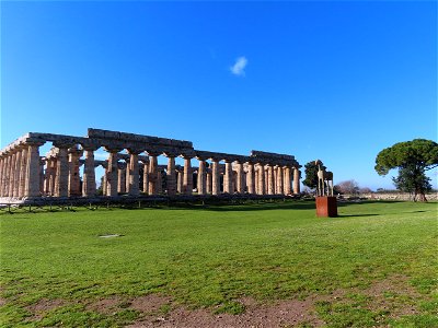 View from afar Archaic Temple Paestum Italy