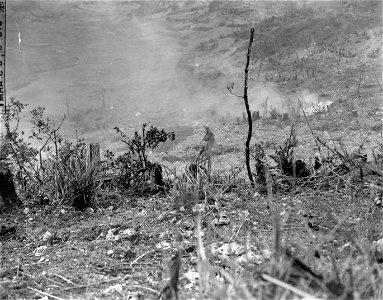 SC 270798 - A scout of the 7th Inf. Div., on reconnaissance patrol, is probing a gulley in which an American soldier was shot by the Japanese the previous day.