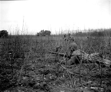 SC 364292 - With his M1 rifle ready for action, combat infantryman of the Ninth U.S. Army lies flat in scant shelter of brush on German field during advance to frontline town of Rheindahlen.