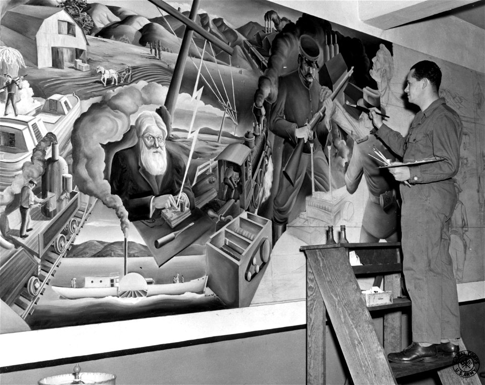 SC 374637 - Pvt. Charles Savitt paints a historic mural in one of the the Ft. F. E. Warren, Wyo., service clubs, picturing high spots in American history. August 13, 1943.