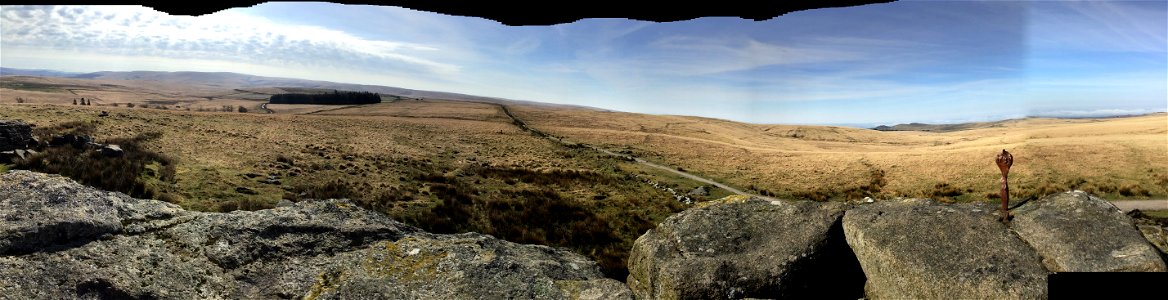 Perambulation Marker Point ( Excalibur / Cobra Legend ) , South Hessary Tor, Princetown, Dartmoor National Park, Devon, UK. 16th April 2022 (Apple Ipod Panoramic Photo)