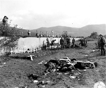 SC 195726 - In cemetery containing German dead, Nazis in background dig more graves. Eloyes, France. 28 September, 1944. photo