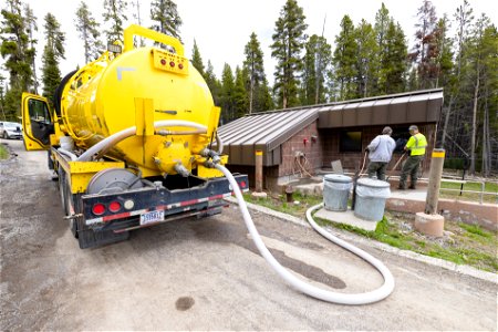 Pumper truck dumping a load at a wastewater treatment facility in Canyon