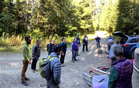 Tailgate safety briefing before doing volunteer trail work on Church Creek Trail on the Olympic National Forest with the Mountaineers photo