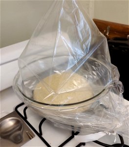 Sourdough covered with plastic and rising photo