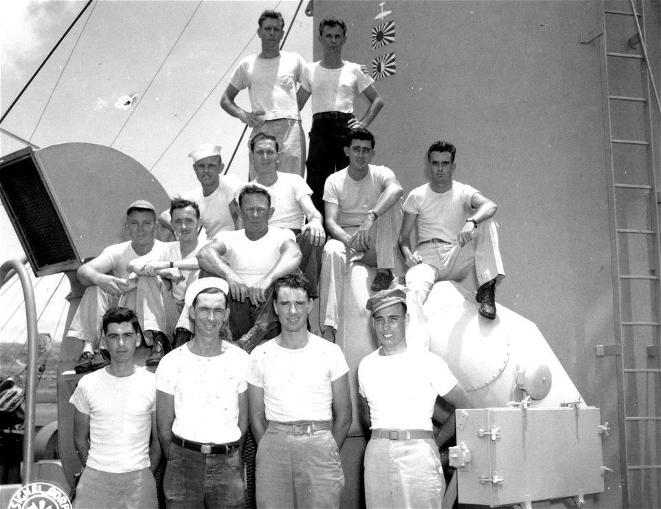 SC 335365 - Technicians of the 2nd Aircraft Repair Unit (Floating), pose on the unit's ship, the Gen. Herbert A. Dargue.