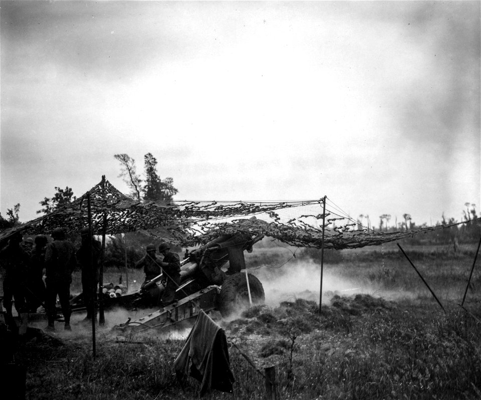 SC 364297 - Firing 155mm field artillery piece of Battery "B," 20th Field Artillery, 4th Infantry Division. 16 July, 1944.