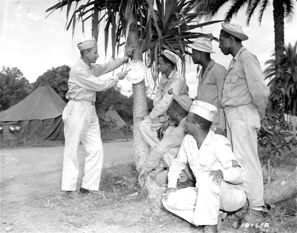 SC 184658 - An outdoor class in airplane identification is held somewhere in the South Pacific Area by Capt. Seymour Tucker of an Air Base Security Bn.
