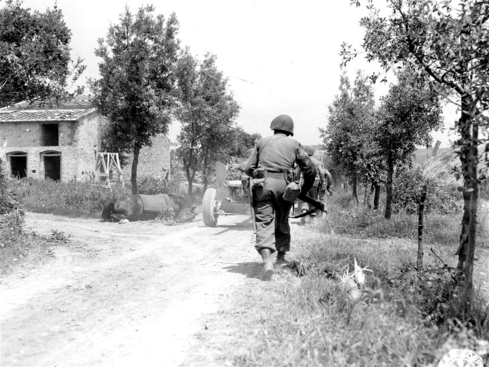 SC 329856 - Tank destroyer troops clearing an area of snipers as they move their equipment into a new area. 16 July, 1944.
