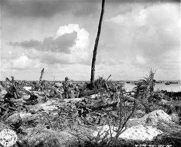SC 270708 - A 7th Div. cannon company gives support to infantrymen by firing 100 yards ahead of them as they advance on Kwajalein.