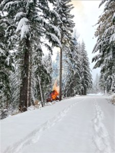 Pile burning on the Gifford Pinchot National Forest on Nove 30, 2022. Snowy conditions reduce the risk of fires escaping safety perimeters while still allowing burn objectives to be accomplished.