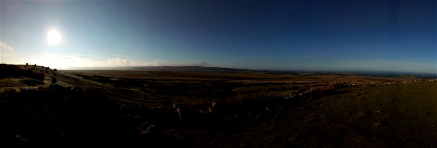 IMG_20220921_084042 Sunrise looking south towards Plymouth from Eylesbarrow Tin Mine , Dartmoor National Park, Devon, UK.  Nokia Panoramic Photo , 21st Sept 2022