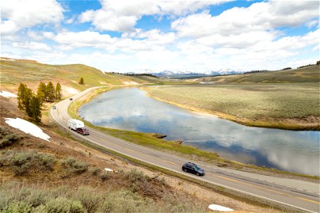 Driving along the Yellowstone River in Hayden Valley photo