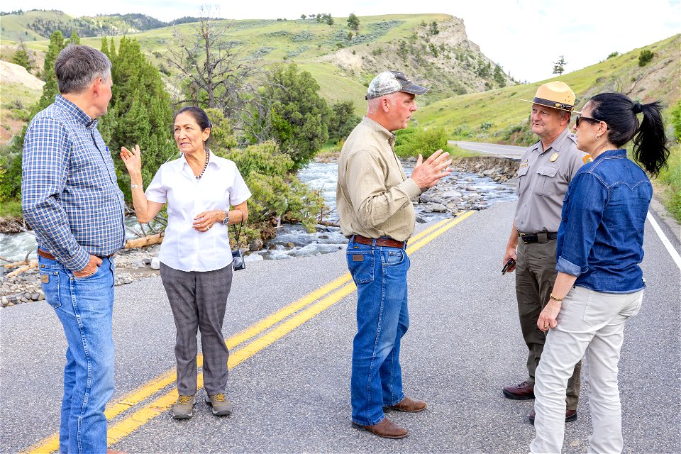 Yellowstone flood event 2022: Superintendent Cam Sholly gives a tour of the road damage near Rescue Creek Trailhead to Secretary Haaland, Assistant Secretary Estenoz, Montana Senator Daines, and Montana Governor Gianforte (3)